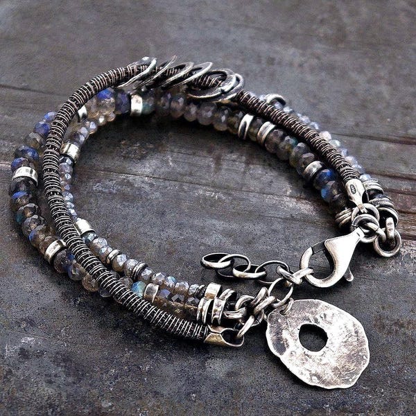 Blue labradorite oxidized sterling silver bracelet – three-strand mesh chain