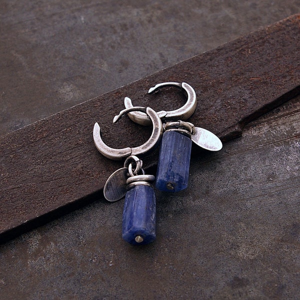 blue kyanite earrings with sterling silver • oxidized silver • everyday hoops earrings • minimalist earrings • Mother's gift • Birthday gift