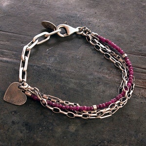 Delicate Ruby bracelet • Heart bracelet •  sterling silver  bracelet • gift for women • Valentine's Day Gift