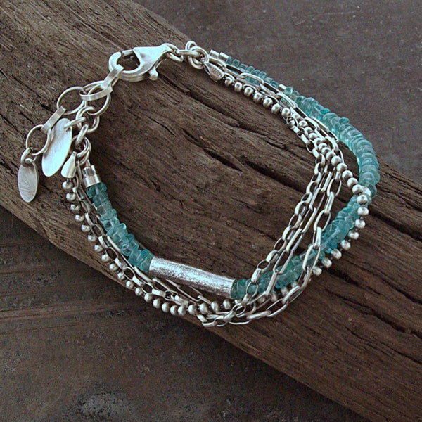 Bracelet en apatite multi-chaînes fait main avec de l'argent sterling oxydé, cadeau d'anniversaire pour femme