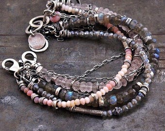 Pink opal rose quartz labradorite bracelet set – oxidized sterling silver