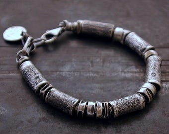 Oxidized Sterling Silver Tube Bead Bracelet - Handmade Men&#39;s Jewelry