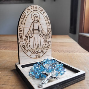 Rosary holder. Miraculous Medal rosary trinket dish. Customization available. Catholic gifts. Wooden rosary holder. Sacrament gifts. image 1