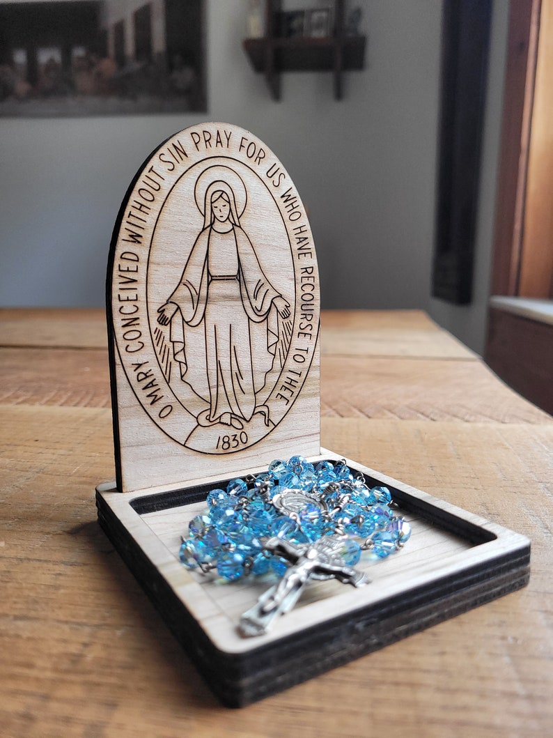 Rosary holder. Miraculous Medal rosary trinket dish. Customization available. Catholic gifts. Wooden rosary holder. Sacrament gifts. image 1