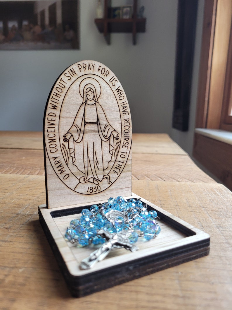 Rosary holder. Miraculous Medal rosary trinket dish. Customization available. Catholic gifts. Wooden rosary holder. Sacrament gifts. image 2