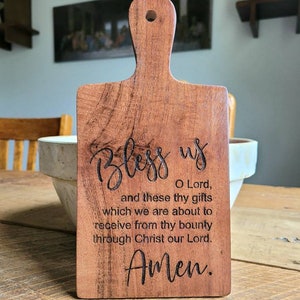 Catholic meal prayer engraved Acacia board. Catholic kitchen decor. Catholic house warming gifts. Modern Catholic farmhouse decor.