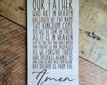 Laser engraved Lord's prayer. Our Father wooden wall sign. Catholic home decor. Christian wall art. Modern Catholic home decor. Our Father.