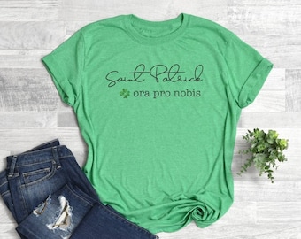 Saint Patrick, ora pro nobis. Saint Patrick green shirt. Catholic shirts. St. Paddy's Day shirts. Super soft heather green unisex shirt.