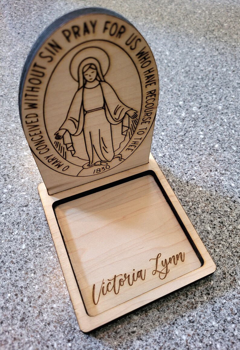 Rosary holder. Miraculous Medal rosary trinket dish. Customization available. Catholic gifts. Wooden rosary holder. Sacrament gifts. image 3