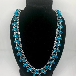 Aqua Beaded Helm’s Weave Chainmail Necklace