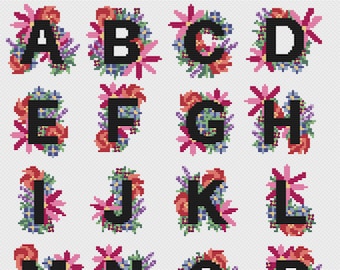 Spring Floral Alphabet Sampler Modern Cross Stitch Pattern Download