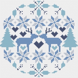 May include: A blue and white cross-stitch pattern featuring two reindeer, hearts, and snowflakes. The design is framed by a border of leaves and flowers.