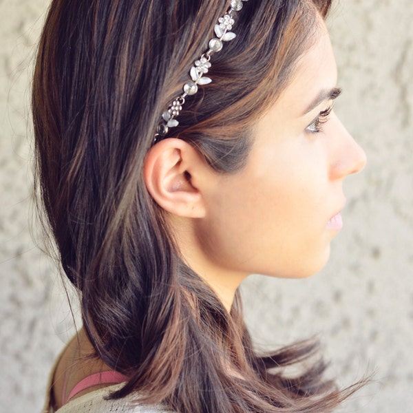 THE SOPHIA Silver Flower Headband Rhinestones Summer Gypsy Boho Bohemian Elegant Fashion Hair Band Flower Crown Hair Jewelry Chain Coachella