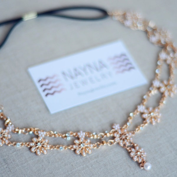 LA CELINE - Flor de Oro Perla Rhinestone Indio Boho Boho Diadema Festival Hair Chain Delicado Tocado Egipcio Tiara Navidad