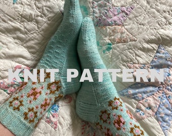 KNITTING PATTERN . Grandma's Quilt Socks .  Cuff Down, stranded color work, heel flap and gusset.