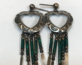 Navajo Malachite Sterling Heart Earrings 925 Silver Stamped Vintage Southwestern Jewelry Native Anniversary Birthday Holiday Christmas Gift