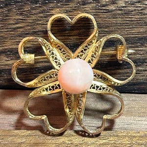 12K Angel Skin Pink Coral Heart Brooch Pin Mid Century Modern MCM 12KT GF Vintage Jewelry Southwestern Christmas Birthday Anniversary Gift