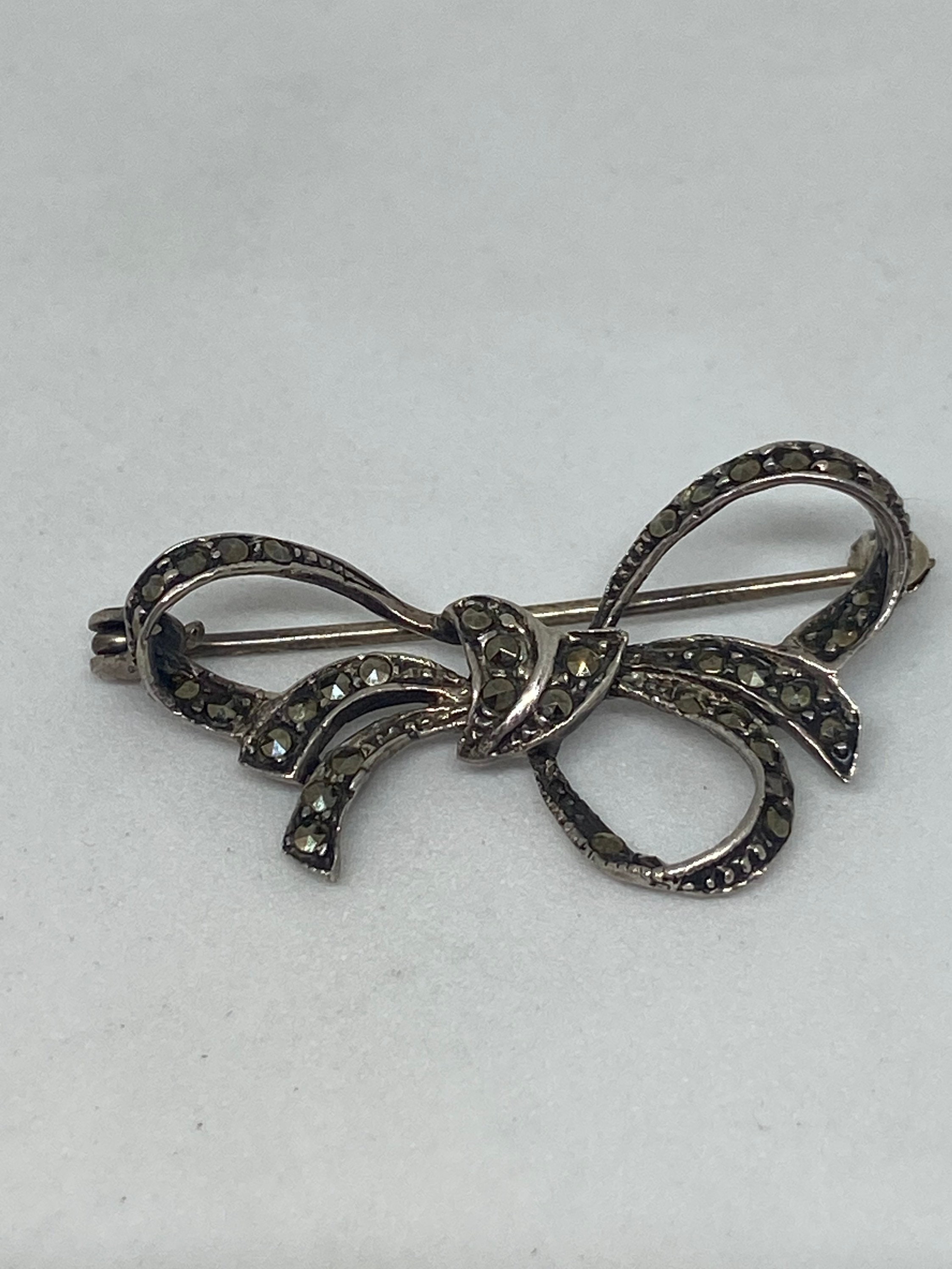 Sterling Silver Bow Marcasite Stone Brooch