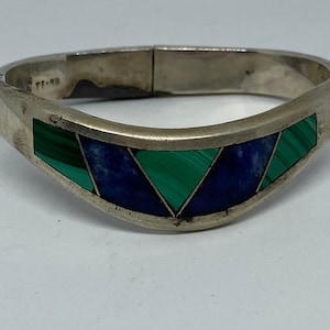 Taxco Multi Stone Sterling Bracelet Bangle Hinged Lapis Lazuli Malachite 925 Silver Mexico Mexican Vintage Jewelry Birthday Christmas Gift