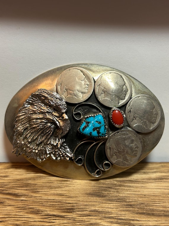 Navajo Turquoise Red Coral Buffalo Nickel Belt Buckle Eagle