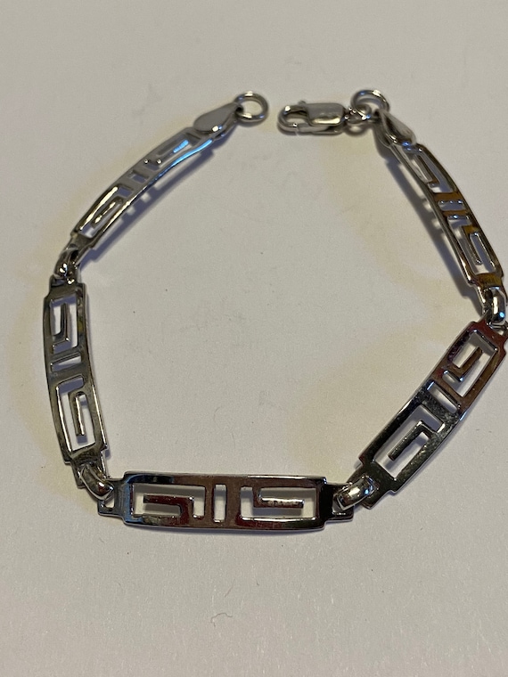Sterling Silver 925 Greek Key Tag  Black Rubber Band Bracelet 7.75”