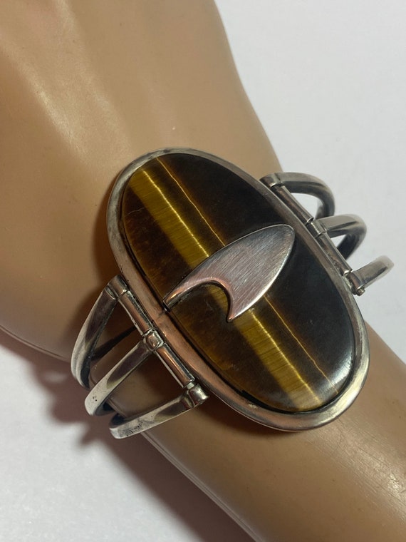 HUGE Taxco Tiger's Eye Sterling Bracelet Bangle 9… - image 3