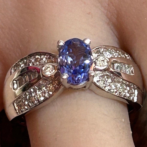 14K White Gold Tanzanite Diamonds Ring 1.5ct Sz 7.25 John C. Rinker Multi Stone 14KT Vintage Jewelry Birthday Anniversary Christmas Gift