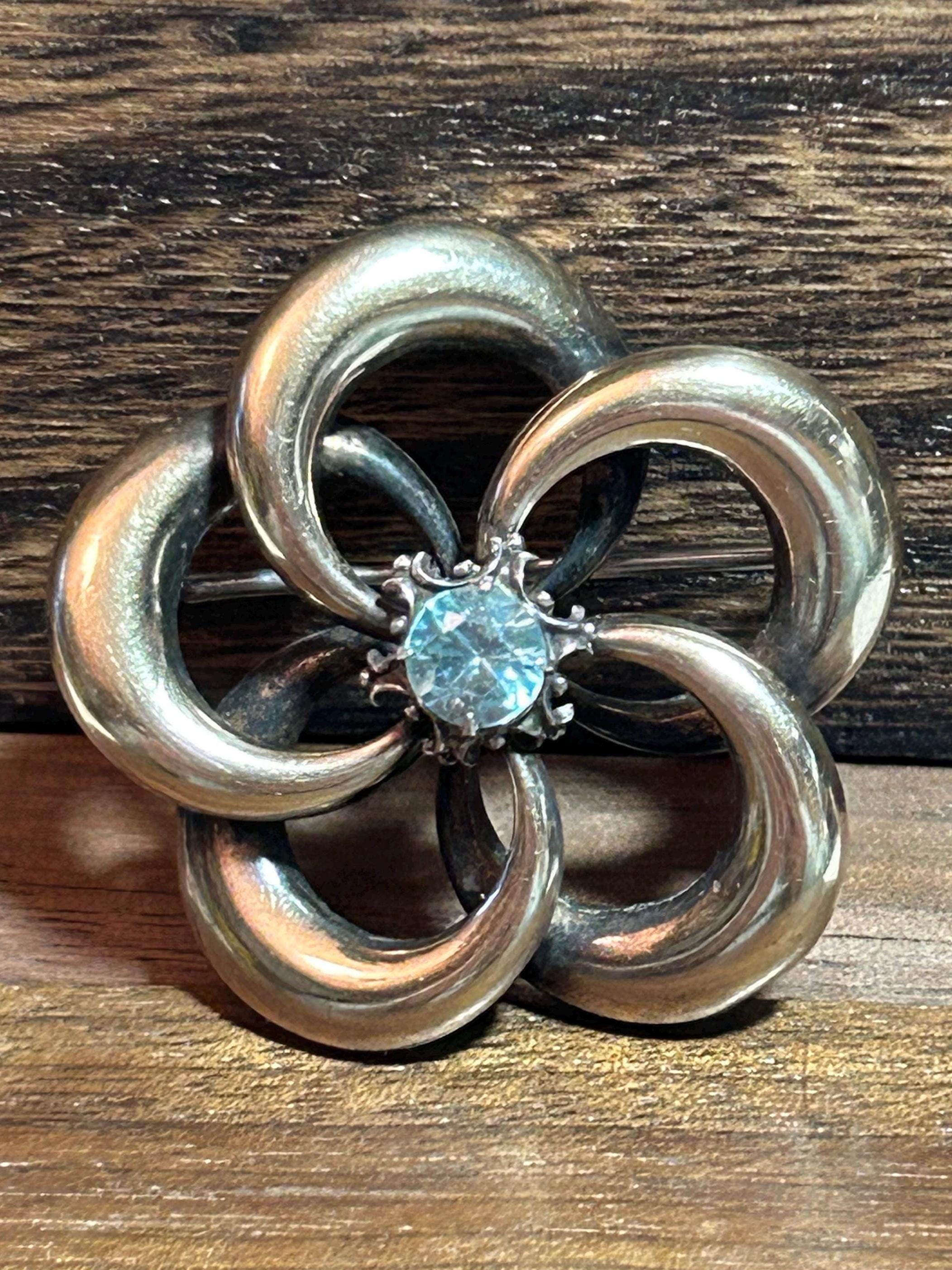 14K Aquamarine Crystal Love Knot Brooch Pin Pansy 30s Symmetalic 14KT Gold 925 Sterling Vintage Jewelry Birthday Christmas Gift Bridal Boho