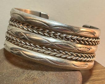 Navajo Sterling Stamped Cuff Bracelet 51g 925 Silver Braided Rope