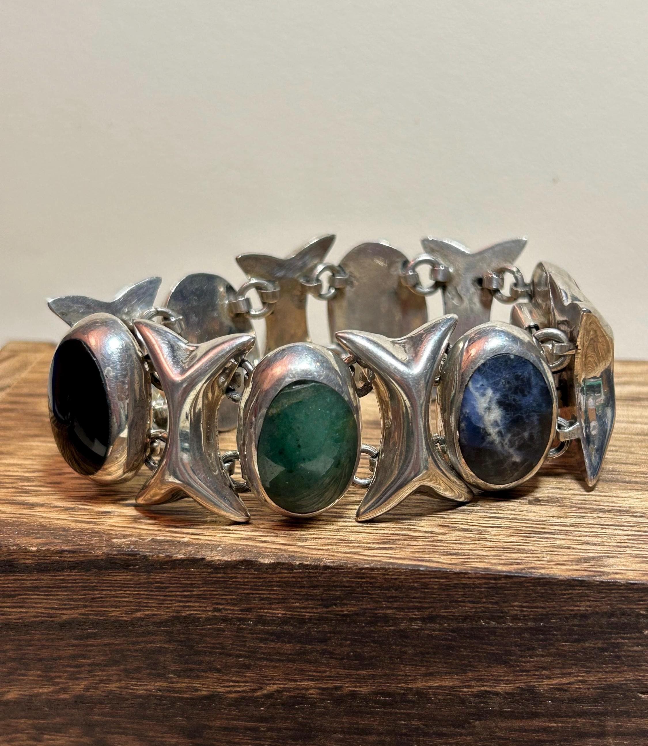 Taxco Multi Stone Sterling XO Bracelet 88g 7” Sodalite Quartz