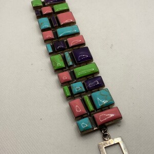 ATI Multi Stone Sterling Bracelet 7.5&quot; 98g Turquoise Gaspeite Amethyst Rhodonite 925 Silver Mexico Vintage Jewelry Christmas Birthday Gift