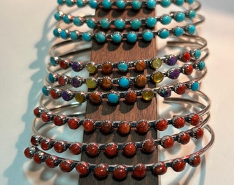 Multi Stone Sterling Cuff Bracelet Snake Eye Sleeping Beauty Purple Mojave Turquoise Red Coral Spiny Oyster MOP 925 Silver Vintage Jewelry