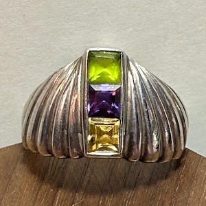 Multi Stone Sterling Shrimp Ring Band Domed Sz 8 Peridot Citrine Amethyst 925 Silver Vintage Jewelry Anniversary Birthday Christmas Gift