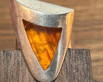 Bernstein Ring Sz 6 Baltik Polen Honig Cognac 925 Silber Modernist MCM Vintage Schmuck Geburtstag Jahrestag Weihnachten Geschenk Deko