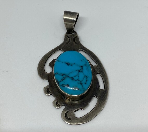 Taxco Turquoise Sterling Pendant 925 Silver Blue … - image 2
