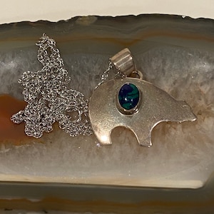 Navajo Azurite Sterling Bear Fetish Necklace 18&quot; Murray Jackson Pendant 925 Silver Native Vintage Southwestern Jewelry Birthday Gift