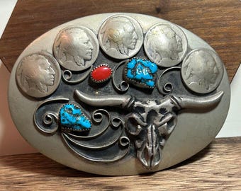 Vintage Western Eagle Belt Buckle Spiny Coral Turquoise Nugget Quarter Coins STONES & COINS EAGLE Turquoise Coral Buffalo Coins Silver  main image 2
