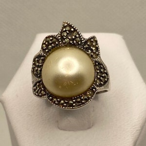 Pearl Sterling Ring Sz 7 Marcasite 925 Silver Multi Stone Vintage Jewelry Southwestern Anniversary Birthday Gift Mother&#39;s Day Bridal Wedding