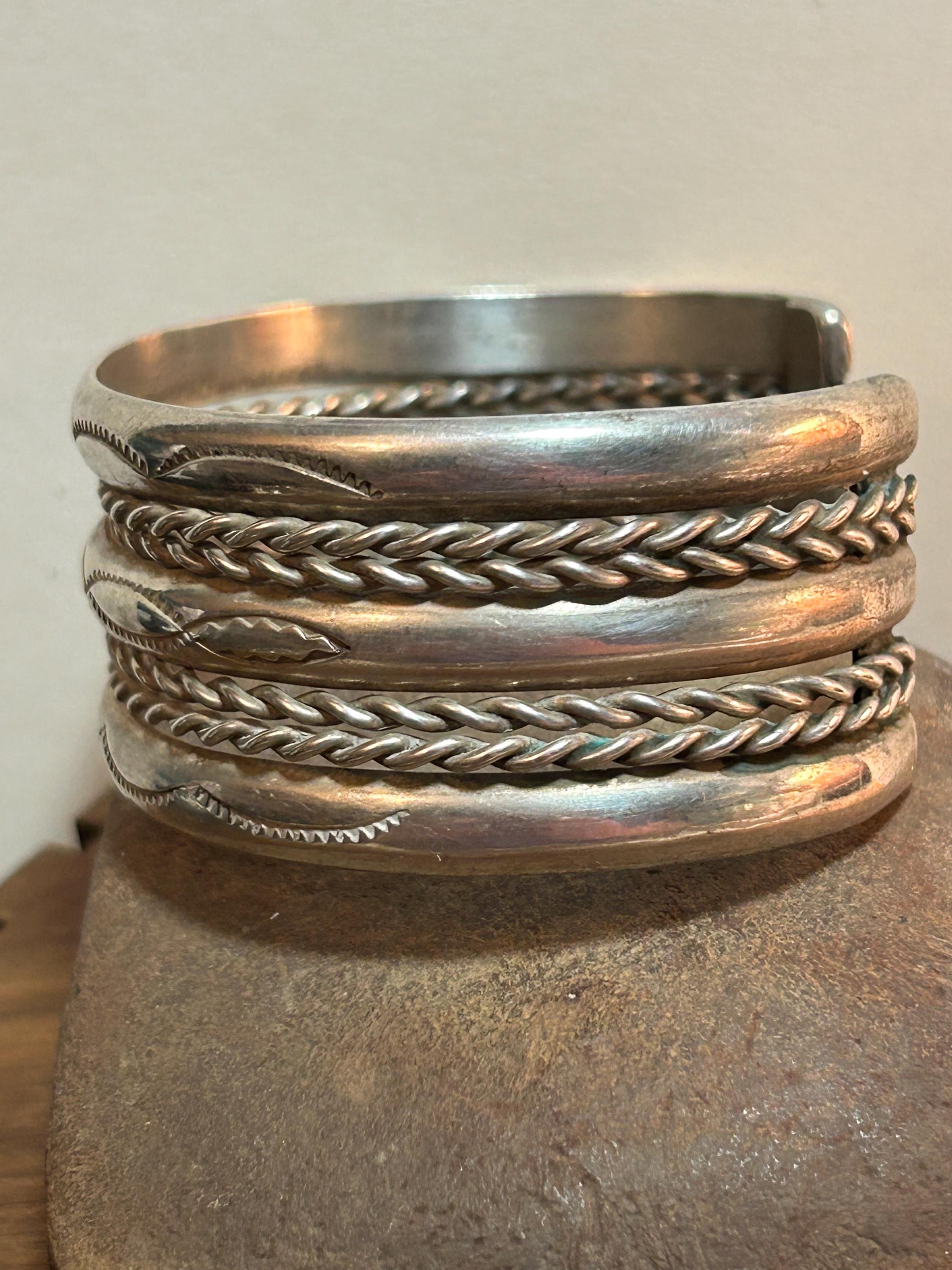 Navajo Sterling Stamped Cuff Bracelet 51g 925 Silver Braided Rope