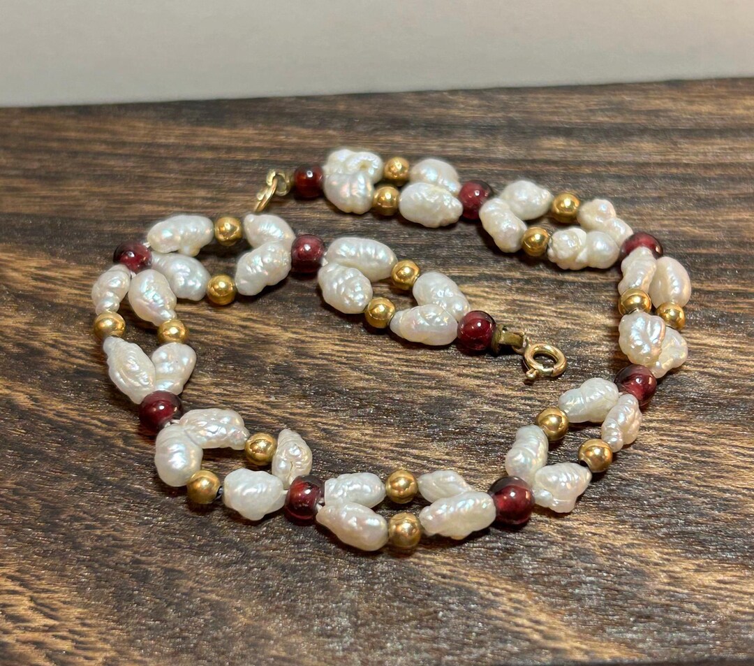 14Kガーネットブレスレット 7.25インチ パール 14KTゴールドビーズ