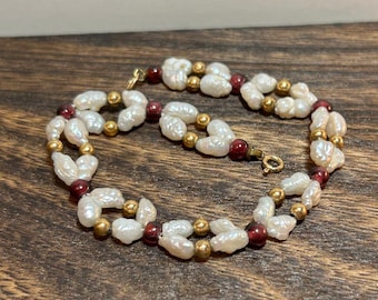 14Kガーネットブレスレット 7.25インチ パール 14KTゴールドビーズ