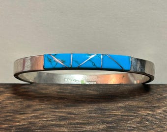 Taxco Turquoise Sterling Bracelet Bangle Hinged Art Deco Modernist
