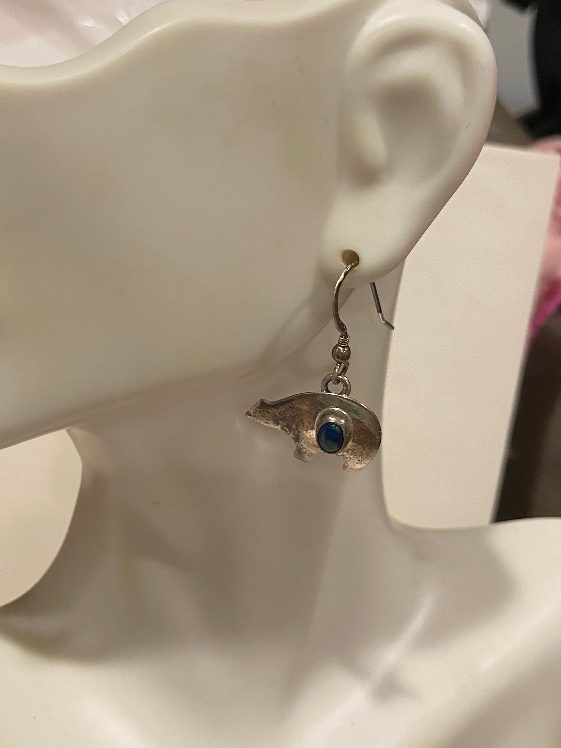 Navajo Azurite Sterling Bear Fetish Earrings Murray Jackson