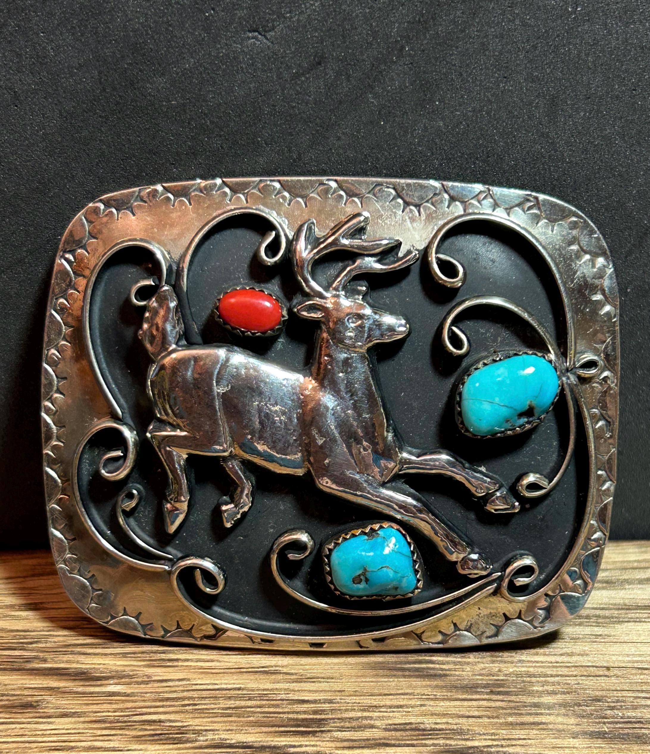 Lucky Brand Bohemian Turquoise & Coral Buckle on Brown Belt Belt, A Vintage, Buckle, Inlay, Horse Profile, Ranger Set  main image 3