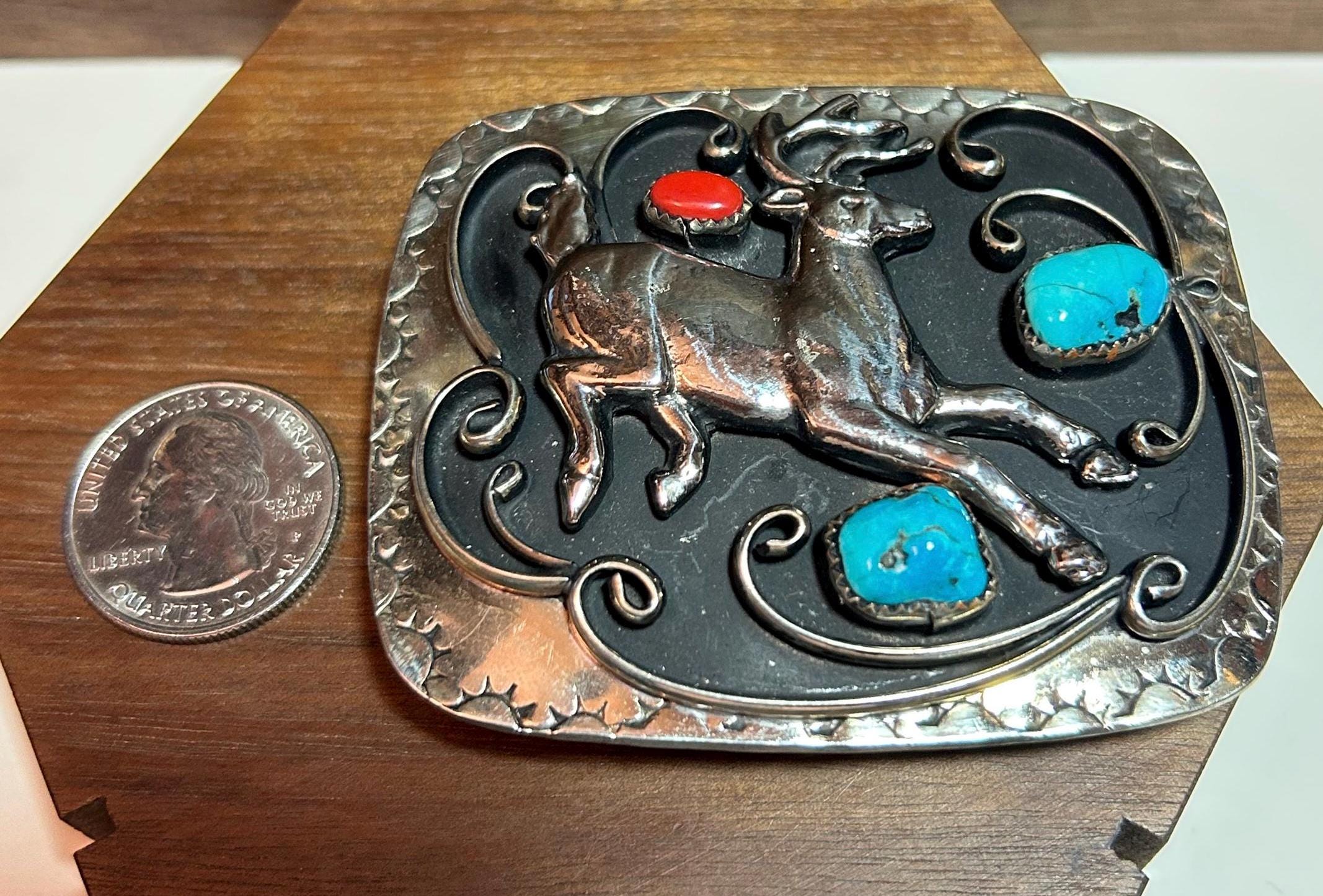 Scorpion Deer Belt Buckle Turquoise Coral Elk Cowboy Native American Country Large Heavy Vintage Signed Navajo Turquoise Coral Twin Claw  main image 4