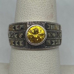 Citrine Sterling Ring Cigar Band Sz 7.5 Multi Stone Marcasite 925 Silver November Birthstone Vintage Jewelry Christmas Birthday Gift Bridal