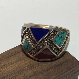 Multi Stone Sterling Ring Sz 7 Turquoise Gaspeite Lapis Red Jasper Onyx Marcasite 925 Silver Vintage Jewelry Christmas Birthday Gift