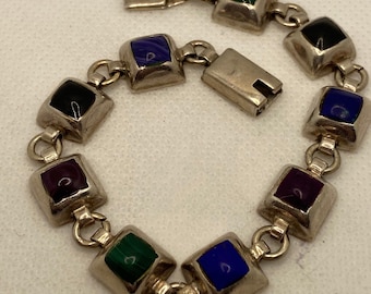 Taxco Multi Stein Sterling Armband 19,5 cm Charoit Sugilith Lapis Azurit Onyx Malachit 925er Silber Vintage Schmuck Geburtstag Weihnachtsgeschenk