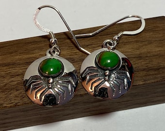 Green Turquoise Sterling Spider Earrings Mojave 925 Silver Southwestern Vintage Jewelry Christmas Birthday Gift Insect  Halloween Bug