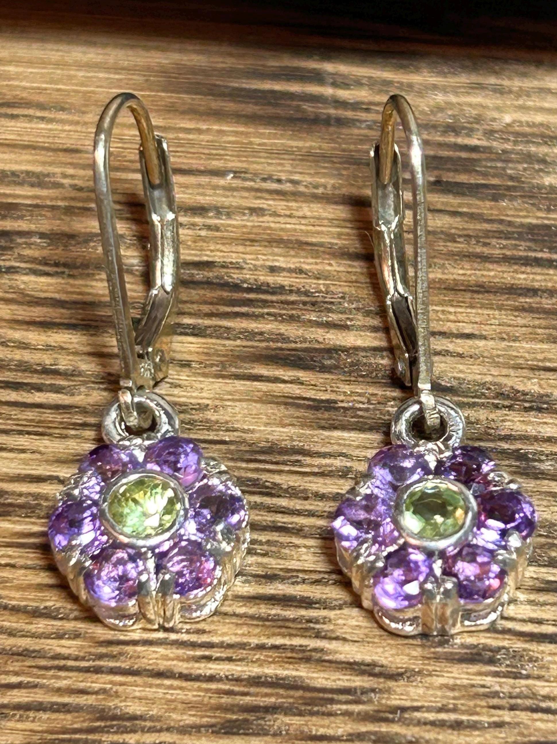 ペリドット アメジスト スターリング フラワー イヤリング マルチ